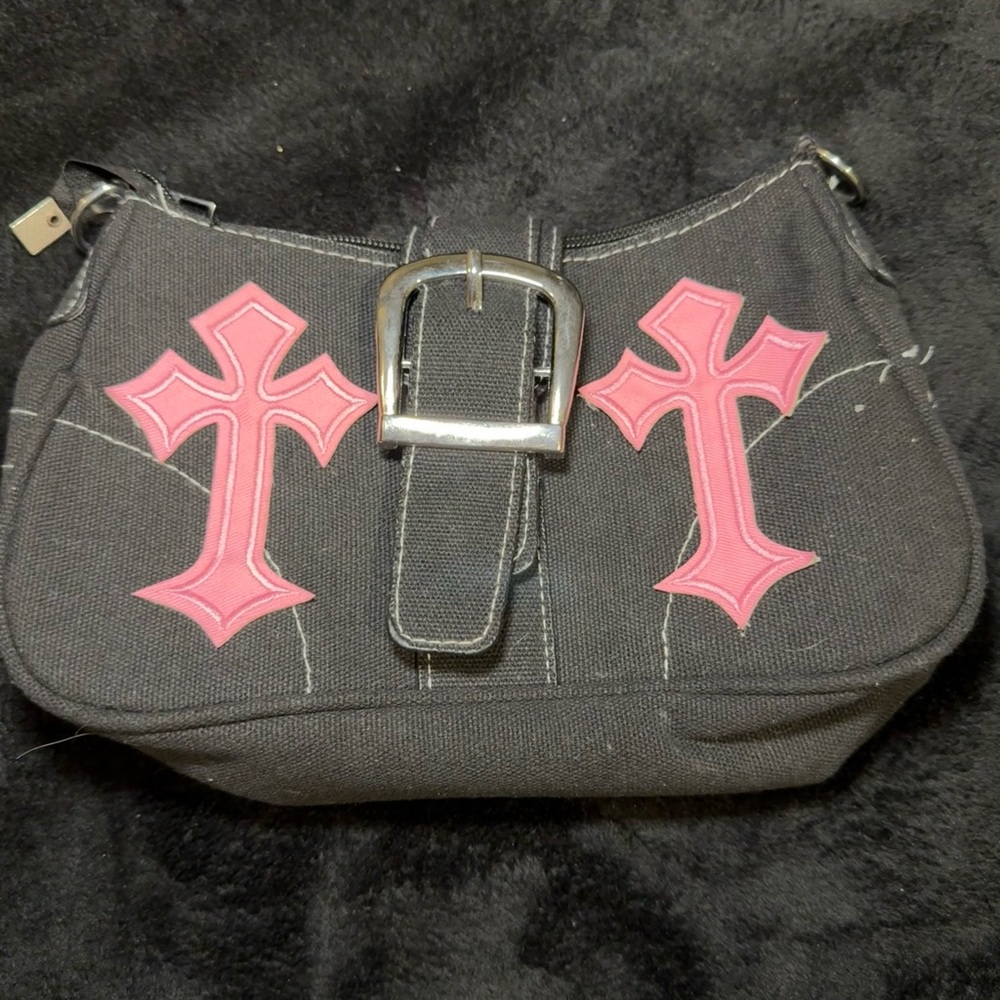 Black Handbag with Pink Cross Accents